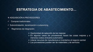 ESTRATEGIA DE ABASTECIMIENTO…
 ADQUISICIÓN A PROVEEDORES
 Compras tradicionales
 Subcontratación, tercerización o outsourcing
 Regímenes de integración:
 Oportunidad de selección de los mejores
 En algunos casos los proveedores hacen las cosas mejores y a
menores costos (industria automotriz)
 Liberar recursos de manufactura e inventarios al negocio central
 Los proveedores pueden ser de materiales y de servicios
 