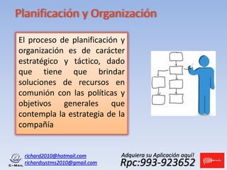 Planificación y Organización
richard2010@hotmail.com
richardsystms2010@gmail.com Rpc:993-923652
Adquiera su Aplicación aquí!
El proceso de planificación y
organización es de carácter
estratégico y táctico, dado
que tiene que brindar
soluciones de recursos en
comunión con las políticas y
objetivos generales que
contempla la estrategia de la
compañía
 