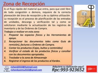 richard2010@hotmail.com
richardsystms2010@gmail.com Rpc:993-923652
Adquiera su Aplicación aquí!
Zona de Recepción
Es el flujo rápido del material que entra, para que esté libre
de toda congestión o demora, requiere de la correcta
planeación del área de recepción y de su óptima utilización.
La recepción es el proceso de planificación de las entradas
de unidades, descarga y verificación tal y como se
solicitaron mediante la actualización de los registros de
inventario y de las Ordenes de Compra.
Trabajos a realizar en esta zona:
1. Preparar los espacios físicos y las Herramientas de
apoyo.
2. Recepcionar los documentos tales como Guia de
remisión), facturas u Ordenes de Compra.
3. Contar los productos (Cajas, bultos y contenidos)
4. Verificar el estado de los productos físicos y consiliar
con los documentos apropiados.
5. Trasladar a la zona de Almacenaje
6. Registrar el ingreso de los productos al Kardex.
 