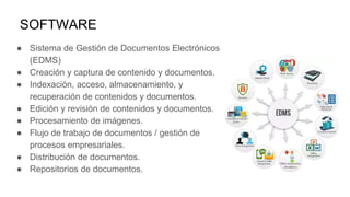 SOFTWARE
● Sistema de Gestión de Documentos Electrónicos
(EDMS)
● Creación y captura de contenido y documentos.
● Indexación, acceso, almacenamiento, y
recuperación de contenidos y documentos.
● Edición y revisión de contenidos y documentos.
● Procesamiento de imágenes.
● Flujo de trabajo de documentos / gestión de
procesos empresariales.
● Distribución de documentos.
● Repositorios de documentos.
 