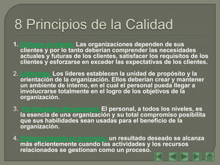 1. Enfoque al cliente: Las organizaciones dependen de sus
   clientes y por lo tanto deberían comprender las necesidades
   actuales y futuras de los clientes, satisfacer los requisitos de los
   clientes y esforzarse en exceder las expectativas de los clientes.
2. Liderazgo: Los líderes establecen la unidad de propósito y la
   orientación de la organización. Ellos deberían crear y mantener
   un ambiente de interno, en el cual el personal pueda llegar a
   involucrarse totalmente en el logro de los objetivos de la
   organización.
3. Participación del personal: El personal, a todos los niveles, es
   la esencia de una organización y su total compromiso posibilita
   que sus habilidades sean usadas para el beneficio de la
   organización.
4. Enfoque basado en procesos: un resultado deseado se alcanza
   más eficientemente cuando las actividades y los recursos
   relacionados se gestionan como un proceso.
 