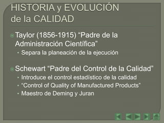 (1856-1915) “Padre de la
 Taylor
 Administración Científica”
  • Separa la planeación de la ejecución


 Schewart    “Padre del Control de la Calidad”
  • Introduce el control estadístico de la calidad
  • “Control of Quality of Manufactured Products”
  • Maestro de Deming y Juran
 