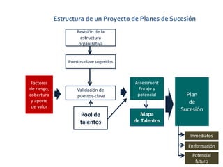 Revisión de la
estructura
organizativa
Puestos-clave sugeridos
Factores
de riesgo,
cobertura
y aporte
de valor
Validación de
puestos-clave
Assessment
Encaje y
potencial
Mapa
de Talentos
Pool de
talentos
Plan
de
Sucesión
Inmediatos
En formación
Potencial
futuro
Estructura de un Proyecto de Planes de Sucesión
 
