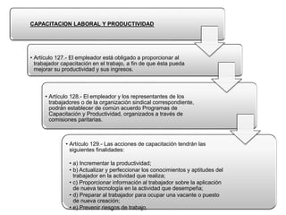 CAPACITACION LABORAL Y PRODUCTIVIDAD
• Artículo 127.- El empleador está obligado a proporcionar al
trabajador capacitación en el trabajo, a fin de que ésta pueda
mejorar su productividad y sus ingresos.
• Artículo 128.- El empleador y los representantes de los
trabajadores o de la organización sindical correspondiente,
podrán establecer de común acuerdo Programas de
Capacitación y Productividad, organizados a través de
comisiones paritarias.
• Artículo 129.- Las acciones de capacitación tendrán las
siguientes finalidades:
• a) Incrementar la productividad;
• b) Actualizar y perfeccionar los conocimientos y aptitudes del
trabajador en la actividad que realiza;
• c) Proporcionar información al trabajador sobre la aplicación
de nueva tecnología en la actividad que desempeña;
• d) Preparar al trabajador para ocupar una vacante o puesto
de nueva creación;
• e) Prevenir riesgos de trabajo.
 