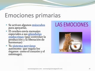 Emociones primarias
 Se activan algunos músculos
para apoyarlas.
 El cerebro envía mensajes
especiales a sus glándulas
endocrinas (que controlan la
producción y la liberación de
hormonas)
 Tu sistema nervioso
autónomo que regula los
órganos como el corazón y el
estómago).
auroraanguiano.com - auroraanguiano@gmail.com 18
 