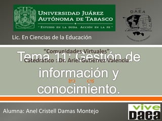  
“Comunidades Virtuales”
Catedrático : Dr. Ariel Gutiérrez Valencia
Lic. En Ciencias de la Educación
Alumna: Anel Cristell Damas Montejo
 