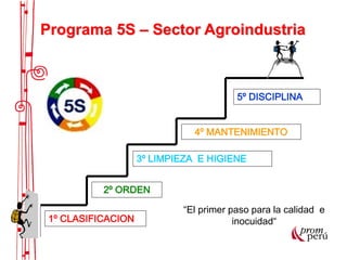 1º CLASIFICACION
2º ORDEN
3º LIMPIEZA E HIGIENE
4º MANTENIMIENTO
5º DISCIPLINA
Programa 5S – Sector Agroindustria
“El primer paso para la calidad e
inocuidad“
 