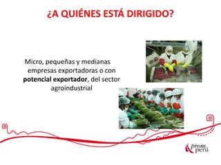 ¿A QUIÉNES ESTÁ DIRIGIDO?
Micro, pequeñas y medianas
empresas exportadoras o con
potencial exportador, del sector
agroindustrial
 