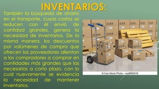INVENTARIOS: 
También la búsqueda de ahorro 
en el transporte, cuyos costos se 
reducen con él envió de 
cantidad grandes, genera la 
necesidad de inventarios. De la 
misma manera, los descuentos 
por volúmenes de compra que 
ofrecen los proveedores alientan 
a los compradores a comprar en 
cantidades más grandes que las 
necesarias a corto plazo, con lo 
cual nuevamente se evidencia 
la necesidad de mantener 
inventarios. 
 