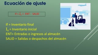 Ecuación de ajuste 
If = I0 + ENT - SALID 
If = Inventario final 
I0 = Inventario inicial 
ENT= Entradas o ingresos al almacén 
SALID = Salidas o despachos del almacén 
 
