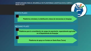 OPORTUNIDADES PARA EL DESARROLLO DE PLATAFORMAS LOGÍSTICAS EN EL CORTO Y 
MEDIO PLAZO 
CORTO PLAZO 
Plataforma orientada a la distribución urbana de mercancías en Arequipa 
MEDIANO PLAZO 
Plataforma para la consolidación de cargas de exportación, especialmente agrícolas, 
en el Departamento de Arequipa 
Plataforma de apoyo en frontera en Santa Rosa (Tacna) 
1 
2 
3 
 