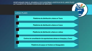 OPORTUNIDADES PARA EL DESARROLLO DE PLATAFORMAS LOGÍSTICAS EN EL LARGO PLAZO 
(ACTUALMENTE NO REÚNEN CONDICIONES DE MERCADO) 
LARGO PLAZO 
Plataforma de distribución urbana en Tacna 
Plataforma de distribución urbana en Cusco 
Plataforma de distribución urbana en Juliaca 
Centros de consolidación de exportaciones aéreas en Arequipa y Cusco 
Plataforma de apoyo en frontera en Desaguadero 
4 
5 
6 
7 
8 
 
