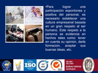 La Calidad Total:Las consecuencias de esta forma de plantear la calidad, afectan a toda la empresa desde sus mismos cimientos. Algunas de estas consecuencias son las siguientes: Todas las funciones empresariales deben mejorar continuamente la calidad de su trabajo para que la empresa mantenga su eficiencia. Un proveedor poco eficiente terminará, antes o después, creando problemas a su cliente. Para lograr una participación espontánea y positiva del personal, es necesario establecer una cultura empresarial basada en un gran respeto al ser humano. Este respeto a la persona se evidencia en hechos tales como: tener en cuenta su opinión, darle formación, aceptar sus buenas ideas, etc. 1.3 Qué es y qué no es calidad¿Qué no es calidad?Más inspección