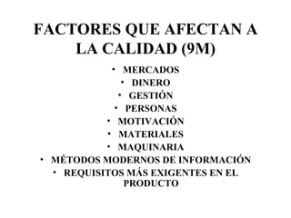 FACTORES QUE AFECTAN A LA CALIDAD (9M) MERCADOS DINERO GESTIÓN PERSONAS MOTIVACIÓN MATERIALES MAQUINARIA MÉTODOS MODERNOS DE INFORMACIÓN REQUISITOS MÁS EXIGENTES EN EL PRODUCTO 