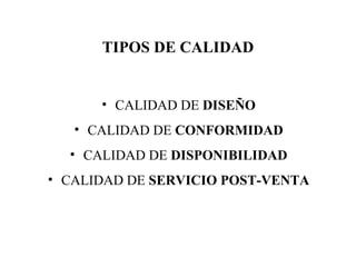 TIPOS DE CALIDAD CALIDAD DE  DISEÑO CALIDAD DE  CONFORMIDAD CALIDAD DE  DISPONIBILIDAD CALIDAD DE  SERVICIO POST-VENTA 
