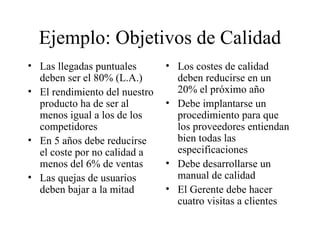 Ejemplo: Objetivos de Calidad Las llegadas puntuales  deben ser el 80% (L.A.) El rendimiento del nuestro producto ha de ser al menos igual a los de los competidores En 5 años debe reducirse el coste por no calidad a menos del 6% de ventas Las quejas de usuarios deben bajar a la mitad Los costes de calidad deben reducirse en un 20% el próximo año Debe implantarse un procedimiento para que los proveedores entiendan bien todas las especificaciones Debe desarrollarse un manual de calidad El Gerente debe hacer cuatro visitas a clientes 