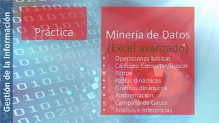 Práctica Minería de Datos
(Excel avanzado)
• Operaciones básicas
• Cálculos: Consultar/Buscar
• Filtros
• Tablas dinámicas
• Gráficos dinámicos
• Ambientación
• Campana de Gauss
• Análisis e Inferencias
 