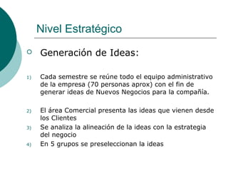 Nivel Estratégico
 Generación de Ideas:
1) Cada semestre se reúne todo el equipo administrativo
de la empresa (70 personas aprox) con el fin de
generar ideas de Nuevos Negocios para la compañía.
2) El área Comercial presenta las ideas que vienen desde
los Clientes
3) Se analiza la alineación de la ideas con la estrategia
del negocio
4) En 5 grupos se preseleccionan la ideas
 