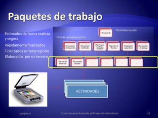 Estimados de forma realista
y segura
Rápidamente finalizados
Finalizados sin interrupción
Elaborados por un tercero




                                        ACTIVIDADES
                                         ACTIVIDADES
                                         ACTIVIDADES
                                          ACTIVIDADES
                                           ACTIVIDADES




         25/09/2012            Curso: Gerencia Avanzada de Proyectos Informáticos   21
 