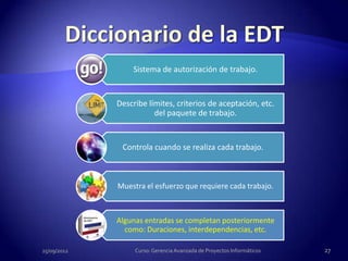 Sistema de autorización de trabajo.


             Describe límites, criterios de aceptación, etc.
                        del paquete de trabajo.


              Controla cuando se realiza cada trabajo.



             Muestra el esfuerzo que requiere cada trabajo.



             Algunas entradas se completan posteriormente
               como: Duraciones, interdependencias, etc.

25/09/2012        Curso: Gerencia Avanzada de Proyectos Informáticos   27
 