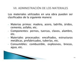 Los materiales utilizados en una obra pueden ser
clasificados de la siguiente manera:
• Materias primas: madera, acero, ladrillo, áridos,
cemento, asfalto, etc.
• Componentes: pernos, tuercas, clavos, alambre,
etc.
• Materiales procesados: encofrados, estructuras
metálicas, prefabricados, tuberías, etc.
• Consumibles: combustible, explosivos, brocas,
agua, etc.
141
 