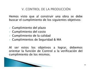 Hemos visto que al construir una obra se debe
buscar el cumplimiento de los siguientes objetivos:
Cumplimiento del plazo
Cumplimiento del costo
Cumplimiento de la calidad
Cumplimientos de Seguridad & MA
Al ser estos los objetivos a lograr, debemos
orientar la función de Control a la verificación del
cumplimiento de los mismos.
80
 