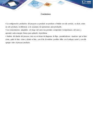 Conclusiones
• La configuración productiva del proyecto es producir un producto o brindar un solo servicio, es decir, existe
un solo producto, la diferencia es la secuencia de operaciones para producirlo.
• Los conocimientos adquiridos a lo largo del curso nos permiten comprender la importancia del curso y
aprender cada concepto básico para aplicarlo al problema.
• Análisis del diseño del proceso, esta vez en forma de diagrama de flujo, permitiéndonos visualizar qué se hizo,
cómo, quién lo hizo, cómo y dónde se hizo, con el fin de analizar posibles fallas en el enfoque actual y con ello
agregar valor al proceso producto.
 