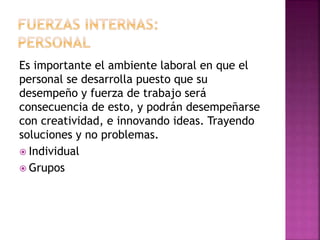 Es importante el ambiente laboral en que el
personal se desarrolla puesto que su
desempeño y fuerza de trabajo será
consecuencia de esto, y podrán desempeñarse
con creatividad, e innovando ideas. Trayendo
soluciones y no problemas.
 Individual
 Grupos
 
