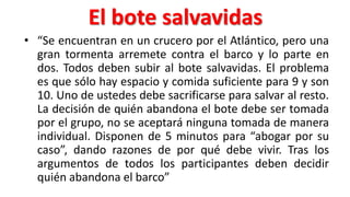 El bote salvavidas
• “Se encuentran en un crucero por el Atlántico, pero una
gran tormenta arremete contra el barco y lo parte en
dos. Todos deben subir al bote salvavidas. El problema
es que sólo hay espacio y comida suficiente para 9 y son
10. Uno de ustedes debe sacrificarse para salvar al resto.
La decisión de quién abandona el bote debe ser tomada
por el grupo, no se aceptará ninguna tomada de manera
individual. Disponen de 5 minutos para “abogar por su
caso”, dando razones de por qué debe vivir. Tras los
argumentos de todos los participantes deben decidir
quién abandona el barco”
 