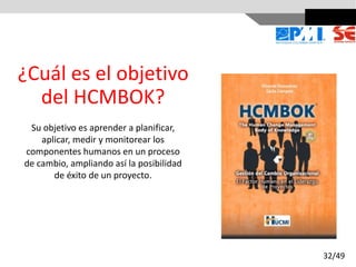 ¿Cuál es el objetivo
del HCMBOK?
Su objetivo es aprender a planificar,
aplicar, medir y monitorear los
componentes humanos en un proceso
de cambio, ampliando así la posibilidad
de éxito de un proyecto.
32/49
 
