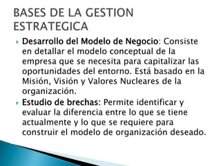 Desarrollo del Modelo de Negocio: Consiste en detallar el modelo conceptual de la empresa que se necesita para capitalizar las oportunidades del entorno. Está basado en la Misión, Visión y Valores Nucleares de la organización.Estudio de brechas: Permite identificar y evaluar la diferencia entre lo que se tiene actualmente y lo que se requiere para construir el modelo de organización deseado.BASES DE LA GESTION ESTRATEGICA