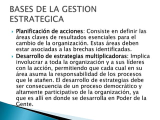 Planificación de acciones: Consiste en definir las áreas claves de resultados esenciales para el cambio de la organización. Estas áreas deben estar asociadas a las brechas identificadas.Desarrollo de estrategias multiplicadoras: Implica involucrar a toda la organización y a sus líderes con la acción, permitiendo que cada cual en su área asuma la responsabilidad de los procesos que le atañen. El desarrollo de estrategias debe ser consecuencia de un proceso democrático y altamente participativo de la organización, ya que es allí en donde se desarrolla en Poder de la Gente.BASES DE LA GESTION ESTRATEGICA