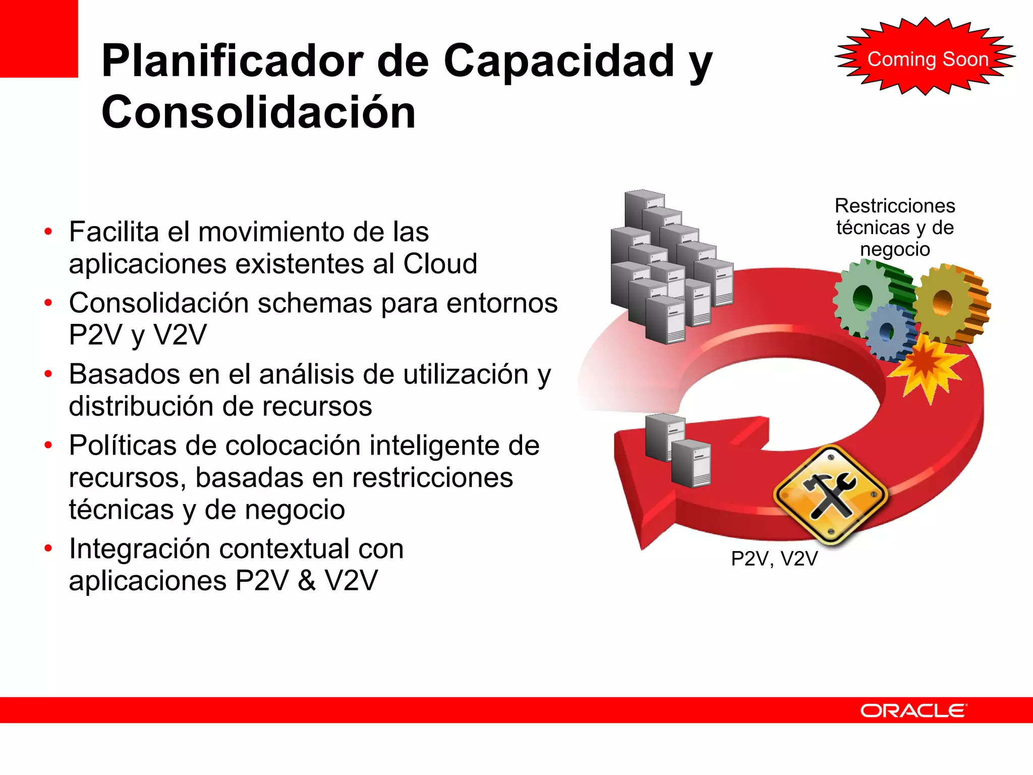 Planificador de Capacidad y Consolidación Facilita el movimiento de las aplicaciones existentes al Cloud Consolidación schemas para entornos P2V y V2V  Basados en el análisis de utilización y distribución de recursos  Políticas de colocación inteligente de recursos, basadas en restricciones técnicas y de negocio Integración contextual con aplicaciones P2V & V2V Restricciones técnicas y de negocio P2V, V2V Coming Soon 
