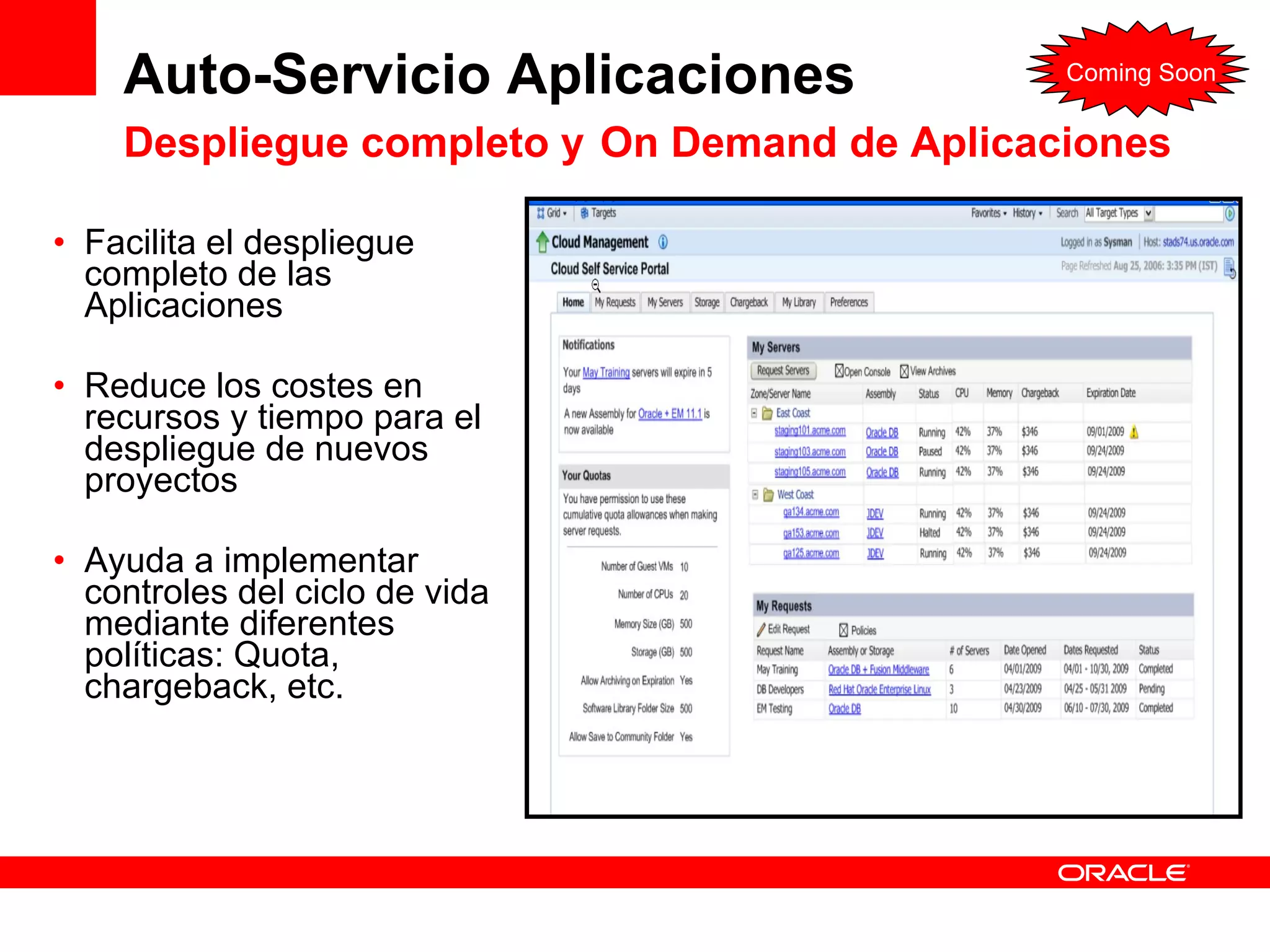 Auto-Servicio Aplicaciones Despliegue completo y   On Demand de Aplicaciones Facilita el despliegue completo de las Aplicaciones  Reduce los costes en recursos y tiempo para el despliegue de nuevos proyectos  Ayuda a implementar controles del ciclo de vida mediante diferentes políticas: Quota, chargeback, etc.  Coming Soon 