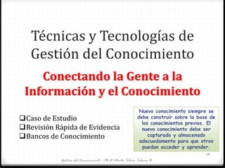 Técnicas y Tecnologías de
Gestión del Conocimiento
Conectando la Gente a la
Información y el Conocimiento
Gestión del Conocimiento - Ph.D Marta Silvia Tabares B.
19
Caso de Estudio
Revisión Rápida de Evidencia
Bancos de Conocimiento
Nuevo conocimiento siempre se
debe construir sobre la base de
los conocimientos previos. El
nuevo conocimiento debe ser
capturado y almacenado
adecuadamente para que otros
puedan acceder y aprender.
 