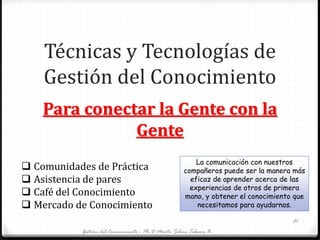 Técnicas y Tecnologías de
Gestión del Conocimiento
Para conectar la Gente con la
Gente
Gestión del Conocimiento - Ph.D Marta Silvia Tabares B.
21
 Comunidades de Práctica
 Asistencia de pares
 Café del Conocimiento
 Mercado de Conocimiento
La comunicación con nuestros
compañeros puede ser la manera más
eficaz de aprender acerca de las
experiencias de otros de primera
mano, y obtener el conocimiento que
necesitamos para ayudarnos.
 