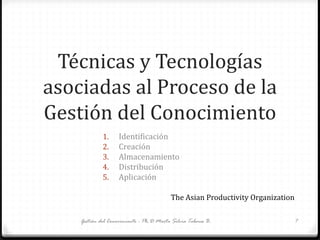 Técnicas y Tecnologías
asociadas al Proceso de la
Gestión del Conocimiento
1. Identificación
2. Creación
3. Almacenamiento
4. Distribución
5. Aplicación
Gestión del Conocimiento - Ph.D Marta Silvia Tabares B. 7
The Asian Productivity Organization
 