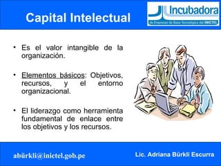 Capital Intelectual Es el valor intangible de la organización. Elementos básicos : Objetivos, recursos, y el entorno organizacional. El liderazgo como herramienta fundamental de enlace entre los objetivos y los recursos. 