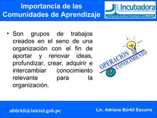 Importancia de las Comunidades de Aprendizaje Son grupos de trabajos creados en el seno de una organización con el fin de aportar y renovar ideas, profundizar, crear, adquirir e intercambiar conocimiento relevante para la organización. 