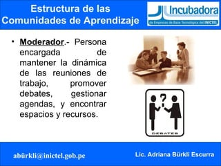 Estructura de las Comunidades de Aprendizaje Moderador .- Persona encargada de mantener la dinámica de las reuniones de trabajo, promover debates, gestionar agendas, y encontrar espacios y recursos. 