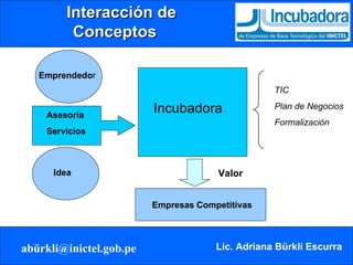 Interacción de Conceptos Incubadora Emprendedo r Idea TIC Plan de Negocios Formalización Asesoría Servicios Empresas Competitivas Valor 