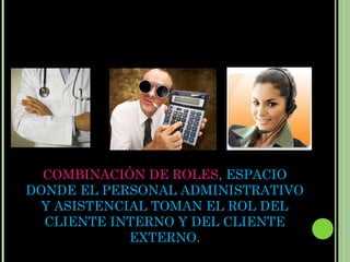 COMBINACIÓN DE ROLES, ESPACIO
DONDE EL PERSONAL ADMINISTRATIVO
  Y ASISTENCIAL TOMAN EL ROL DEL
  CLIENTE INTERNO Y DEL CLIENTE
             EXTERNO.
 