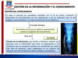 GESTIÓN DE LA INFORMACIÓN Y EL CONOCIMIENTO
Es todo el conjunto de actividades realizadas con el fin de utilizar, compartir y
desarrollar los conocimientos de una organización y de los individuos que en ella
trabajan, encaminándolos a la mejor consecución de sus objetivos.
Fuente: Bustelo y Amarilla (2001)
Se puede distinguir
Tres frentes en los que se realiza la aproximación
práctica a la gestión del conocimiento
Gestión de la Información, que tiende a implantar sistemas que
permitan que la información que tiene la organización y los
individuos que la componen puedan ser compartida por todos.
Este tipo de prácticas, suele implantarse en un entorno de
intranet, con el fin de darle la máxima utilidad y accesibilidad.
Que son
GESTIÓN DEL CONOCIMIENTO
1er frente
 