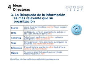Ideas
4   Directoras                                                    1   2   3   4   5

3. La Búsqueda de la Información
  es más relevante que su
  organización




Genís Roca http://www.slideshare.net/justicia/ponncia-gens-roca
 