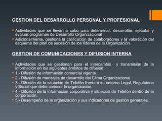 GESTION DEL DESARROLLO PERSONAL Y PROFESIONAL Actividades que se llevan a cabo para determinar, desarrollar, ejecutar y evaluar programas de Desarrollo Organizacional Adicionalmente, gestiona la calificación de colaboradores y la valoración del esquema del plan de sucesión de los líderes de la Organización. GESTION DE COMUNICACIONES Y DIFUSION INTERNA Actividades que se gestionan para el intercambio  y transmisión de la información en los siguientes ámbitos de difusión: 1.- Difusión de información comercial vigente 2.- Difusión de mensajes de desarrollo del Clima Organizacional 3.- Difusión de la situación de Telefón frente a su entorno Legal, Regulatorio y Social que debe conocer la organización. 4.- Difusión de la información corporativa y situación de Telefón dentro de la corporación. 5.- Desempeño de la organización y sus indicadores de gestión generales. 