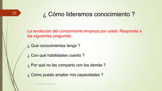 ¿ Cómo lideramos conocimiento ?
La revolución del conocimiento empieza por usted. Responda a
las siguientes preguntas:
¿ Qué conocimientos tengo ?
¿ Con qué habilidades cuento ?
¿ Por qué no las comparto con los demás ?
¿ Cómo puedo ampliar mis capacidades ?
MCG. Elizabeth Echeverry S
23
 