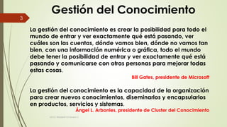 La gestión del conocimiento es crear la posibilidad para todo el
mundo de entrar y ver exactamente qué está pasando, ver
cuáles son las cuentas, dónde vamos bien, dónde no vamos tan
bien, con una información numérica o gráfica, todo el mundo
debe tener la posibilidad de entrar y ver exactamente qué está
pasando y comunicarse con otras personas para mejorar todas
estas cosas.
Bill Gates, presidente de Microsoft
La gestión del conocimiento es la capacidad de la organización
para crear nuevos conocimientos, diseminarlos y encapsularlos
en productos, servicios y sistemas.
Ángel L. Arbonies, presidente de Cluster del Conocimiento
Gestión del Conocimiento
MCG. Elizabeth Echeverry S
3
 
