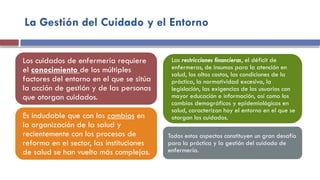 La Gestión del Cuidado y el Entorno
Los cuidados de enfermería requiere
el conocimiento de los múltiples
factores del entorno en el que se sitúa
la acción de gestión y de las personas
que otorgan cuidados.
Es indudable que con los cambios en
la organización de la salud y
recientemente con los procesos de
reforma en el sector, las instituciones
de salud se han vuelto más complejas.
Las restricciones financieras, el déficit de
enfermeras, de insumos para la atención en
salud, los altos costos, las condiciones de la
práctica, la normatividad excesiva, la
legislación, las exigencias de los usuarios con
mayor educación e información, así como los
cambios demográficos y epidemiológicos en
salud, caracterizan hoy el entorno en el que se
otorgan los cuidados.
Todos estos aspectos constituyen un gran desafío
para la práctica y la gestión del cuidado de
enfermería.
 