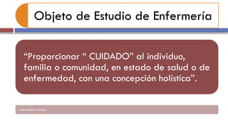 Objeto de Estudio de Enfermería
“Proporcionar “ CUIDADO” al individuo,
familia o comunidad, en estado de salud o de
enfermedad, con una concepción holística”.
J. Hernández Conesa
 