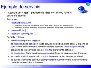 Ejemplo de servicio “ Agencia de Viajes”: paquete de viaje con avión, hotel y  coche de alquiler Servicios reservarBilleteAvión parámetros de entrada: fechaSalida, fechaVuelta, origen, destino, tipo, escalas (si/no) parámetros de salida: horaSalida, fechaSalida, horaVuelta, fechaVuelta, numeroAsiento, localizador reservarHotel  [...] reservarCocheAlquiler  […] Características tiene  sentido  para el negocio es  modular , tiene  cohesión  (cada servicio se dedica a una cosa) y expone al consumidor únicamente la información que necesita ( bajo acoplamiento ) cada uno de los servicios tiene el  interfaz  claramente definido es  distribuible . Cada servicio se puede desplegar en una máquina diferente se puede  sustituir  un servicio por otra implementación sin afectar al resto. se puede fácilmente construir ( componer ) un nuevo servicio más complejo a partir de los servicios anteriores. SOA para el negocio 